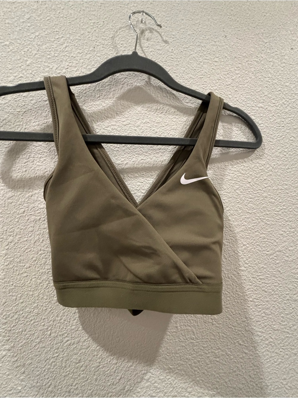 Nike Olive Wrap-Front Sports Bra with White Swoosh